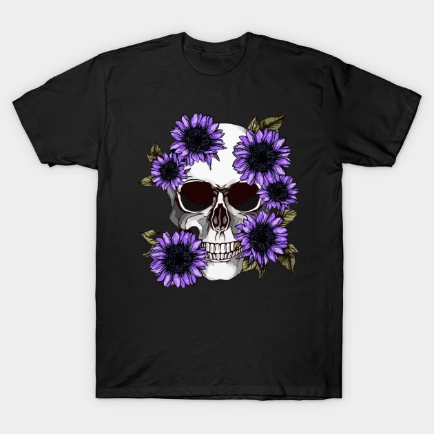 floral skull, cool skull, violet sunflowers skull mask face T-Shirt by Collagedream